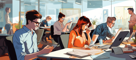 Karikatur eines modernen Büros mit KMU-Mitarbeitern, die persönliche Geräte nutzen, mit einem starken Fokus auf Datenschutz.